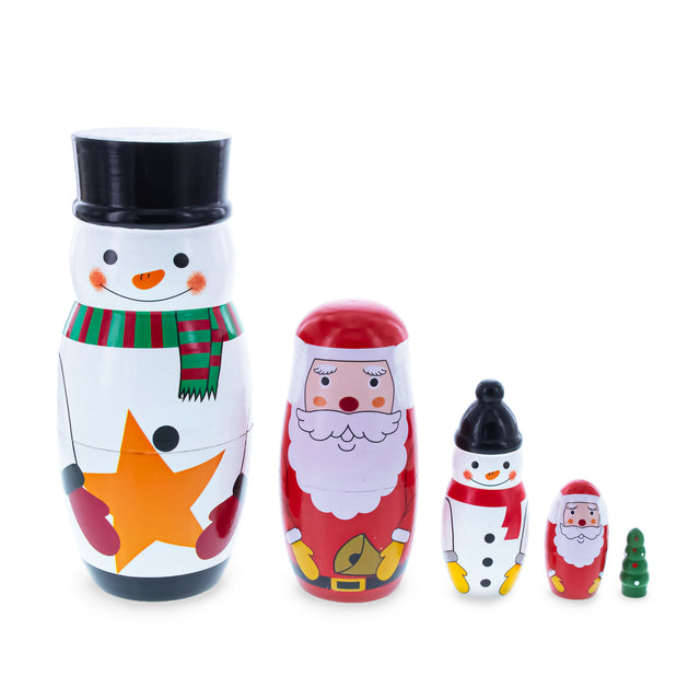 Wood Santa, Snowman & Christmas Tree Wooden Nesting Dolls 5 Inches in Multi color