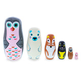 Wood Set of 6 Animals Wooden Nesting Dolls- Owl, Bear, Fox, Cat, Monkey, Pig in Pink color