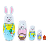 Wood Set of 5 Bunny Family & Carrot Wooden Nesting Dolls 7 Inches Tall in Blue color