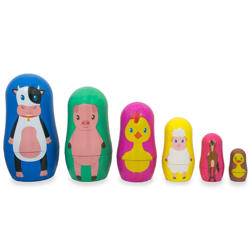 Plastic 6 Farm Animals Plastic Nesting Dolls Cow, Pig, Chicken, Lamb, Horse & Duck in Pink color