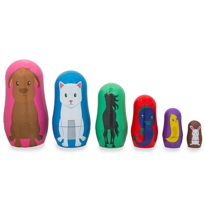 Plastic 6 Animals: Dog, Cat, Horse, Fish, Chick, Bunny Plastic Nesting Dolls 4.5 Inches in Pink color