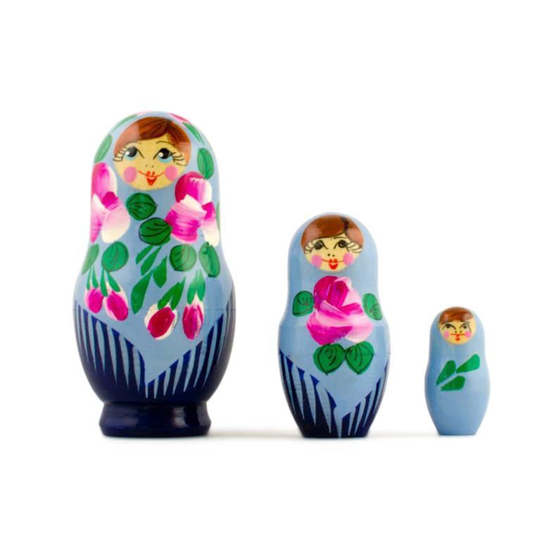 Wood Set of 3 Blue Dress Wooden  Nesting Dolls 3.5 Inches in Blue color