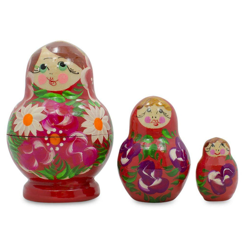 Wood Set of 3 Floral Red Miniature  Nesting Dolls 3.5 Inches in Red color