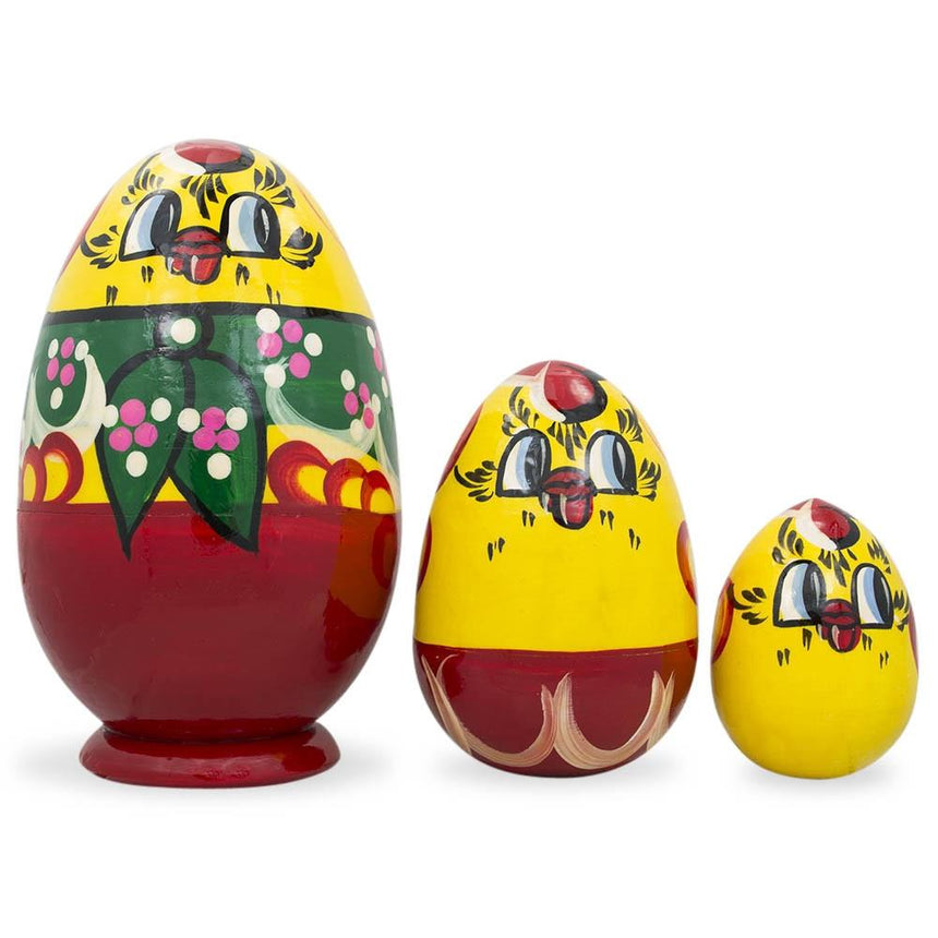 Wood Set of 3 Hen and Chicks Wooden Nesting Dolls 4.75 Inches in Yellow color Oval