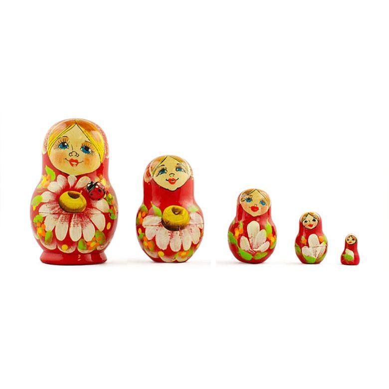 Wood Set of 5 Daisy Flowers on Red Dress Nesting Dolls 3.5 Inches in Red color