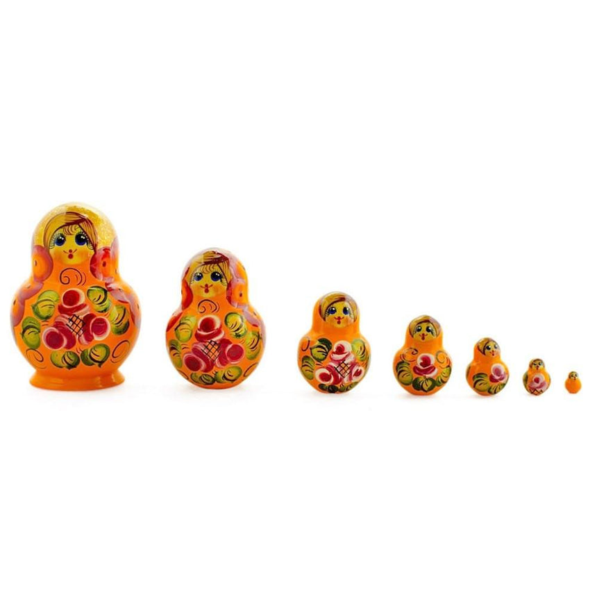 Wood Set of 7 Orange and Red Dress Wooden Nesting Dolls 3.5 Inches in Red color