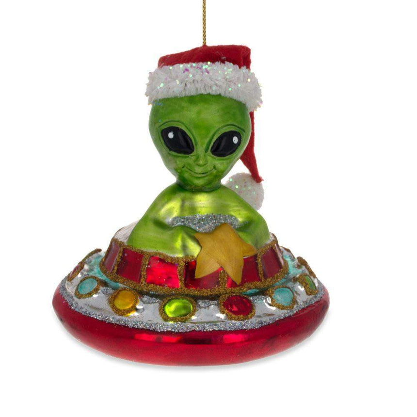 Glass Santa Alien Piloting a Saucer UFO Glass Christmas Ornament in Multi color