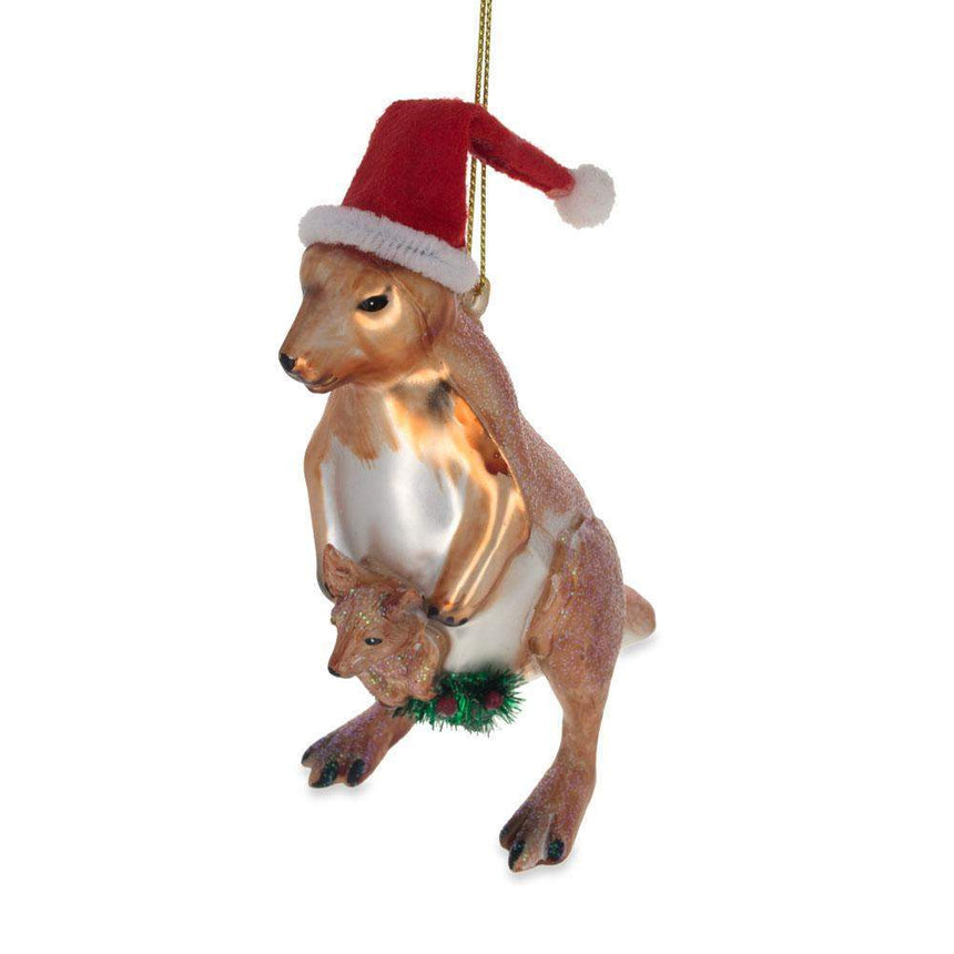 Glass Santa Kangaroo Mom Carrying Baby in Pouch Blown Glass Christmas Ornament in Brown color