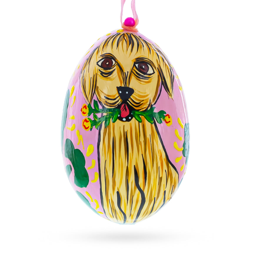 Wood Dog with Flower Wooden Christmas Ornament 3 Inches in Multi color Oval