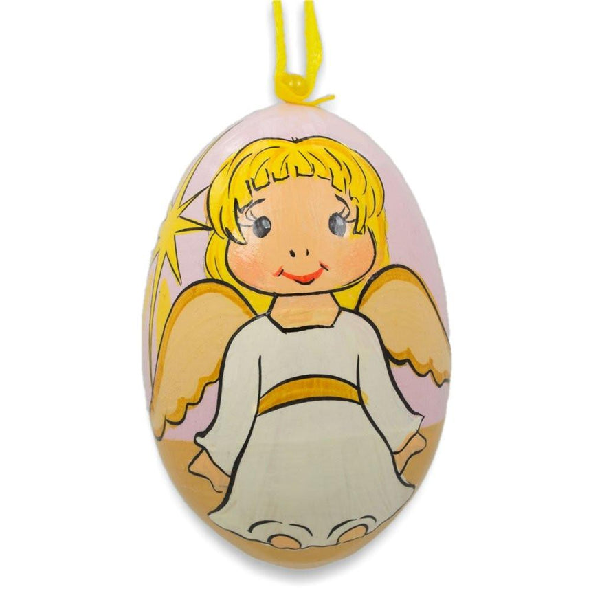 Wood Smiling Angel Wooden Christmas Ornament 3 Inches in Yellow color Oval