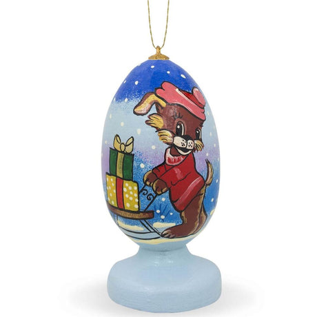 Wood Dog Delivering Christmas Gifts on Sleigh Wooden Christmas Ornament in Multi color Egg