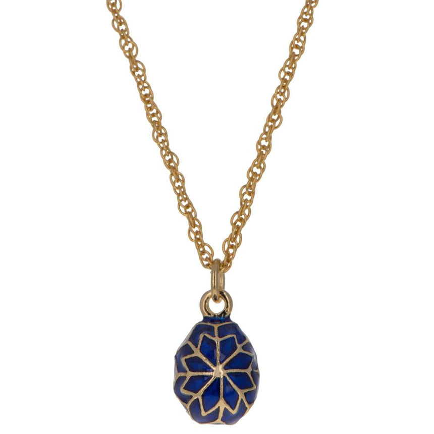 Pewter 20-Inch Royal Blue Snowflake Egg: Enamel Pendant Necklace in Blue color Oval