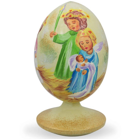 Wood Guardian Angels Holding Baby Jesus Wooden Figurine in Multi color Oval