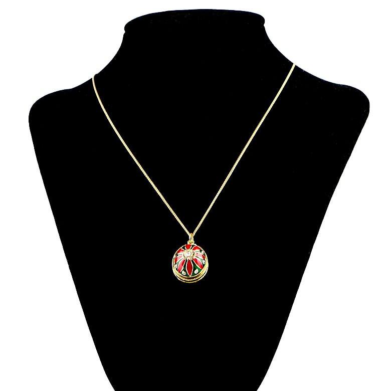 Floral Elegance: 20" Red Flower on Green Enamel Royal Egg Necklace ,dimensions in inches: 20 x 1 x 0.75