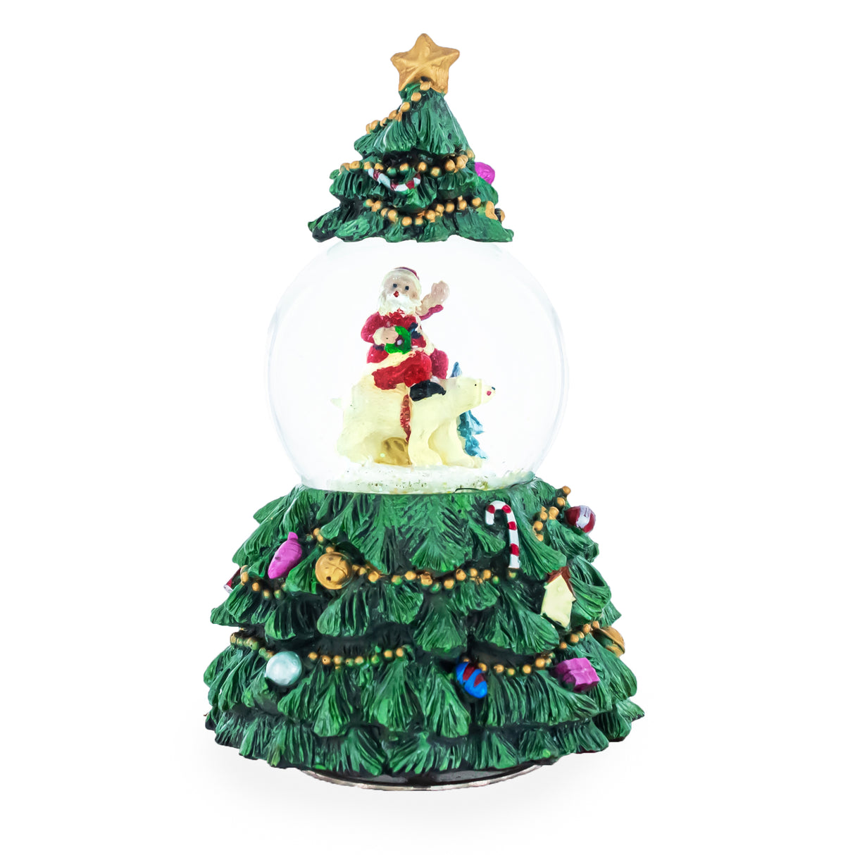 Resin Santa's Riding Polar Bear Spinning Musical Water Snow Globe in Green color