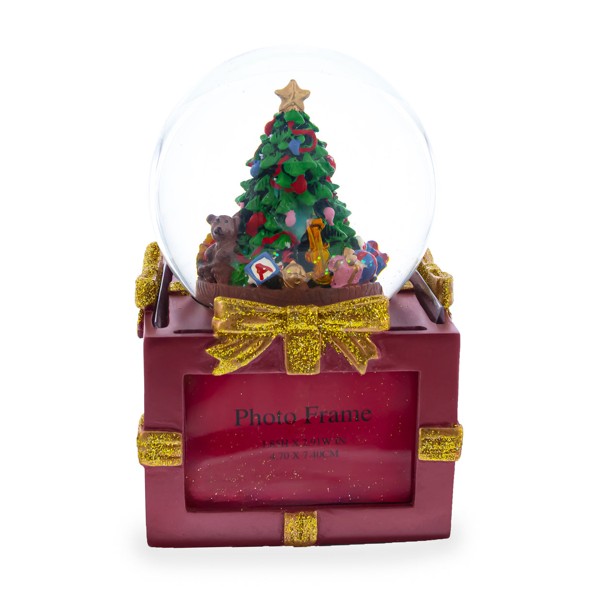 Resin Four-Sided Picture Frame Christmas Tree Musical Water Snow Globe in Red color Round