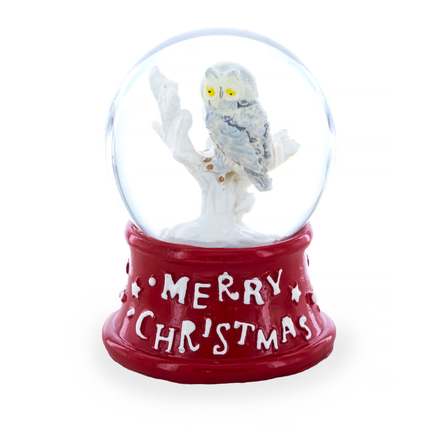 Glass White Owl Perched on Red Base Mini Water Snow Globe in Red color Round