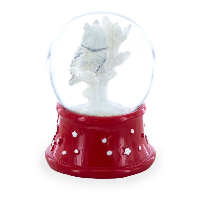 White Owl Perched on Red Base Mini Water Snow Globe ,dimensions in inches: 2.5 x 1.83 x 1.77