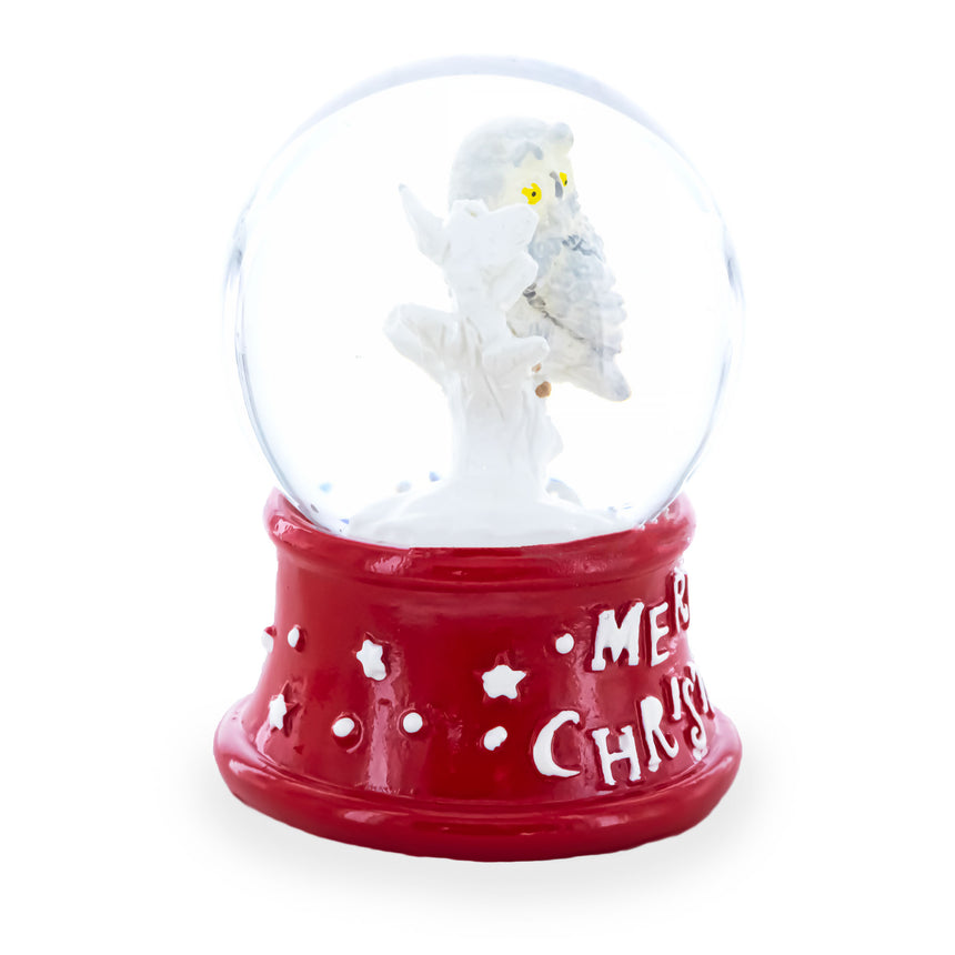 White Owl Perched on Red Base Mini Water Snow Globe ,dimensions in inches: 2.5 x 1.83 x 1.77