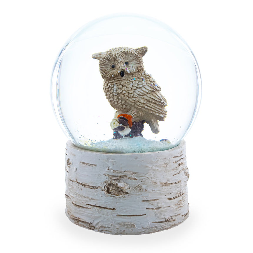 Glass Owl Perched on Tree Branch Musical Water Snow Globe in Beige color Round