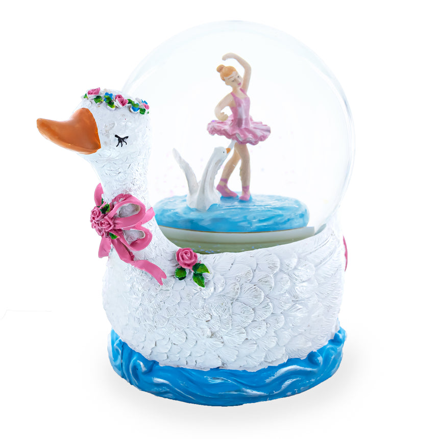 Glass Graceful Swan Lake Ballet Musical Water Snow Globe in White color Round