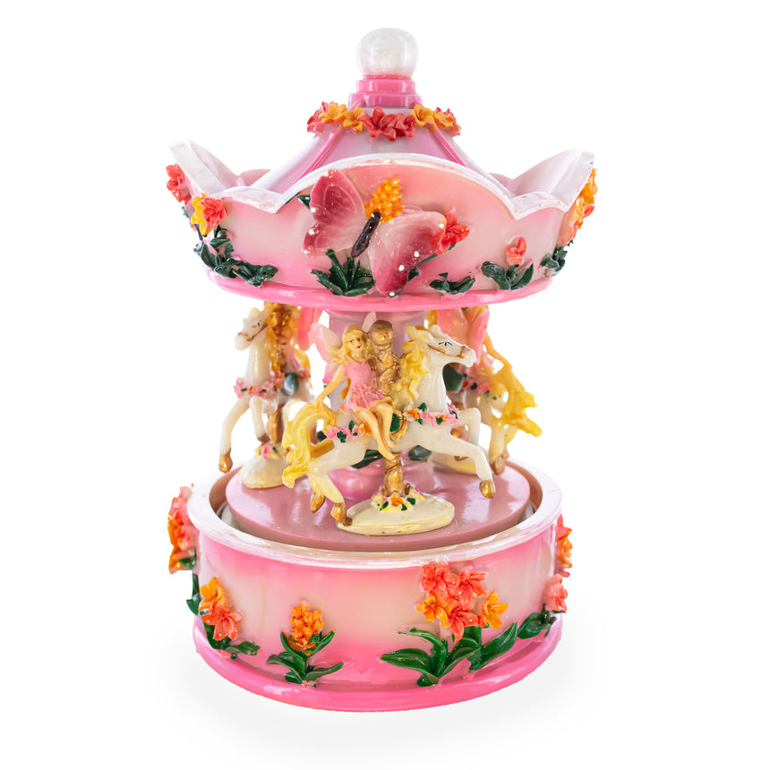 Resin Pink Fairy Floral Carousel Musical Figurine in Pink color