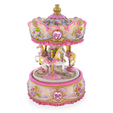 Resin Floral Three Horses Carousel Spinning Musical Figurine in Pink color