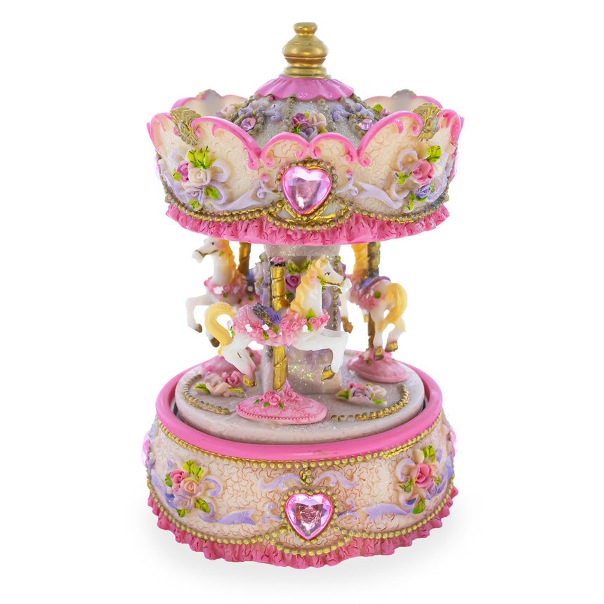 Resin Floral Three Horses Carousel Spinning Musical Figurine in Pink color