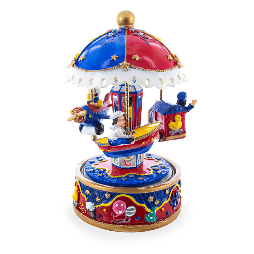 Whimsical Transport Carousel: Musical Figurine with Airplane, Boat, and Train ,dimensions in inches: 7.5 x 4.2 x 4.2