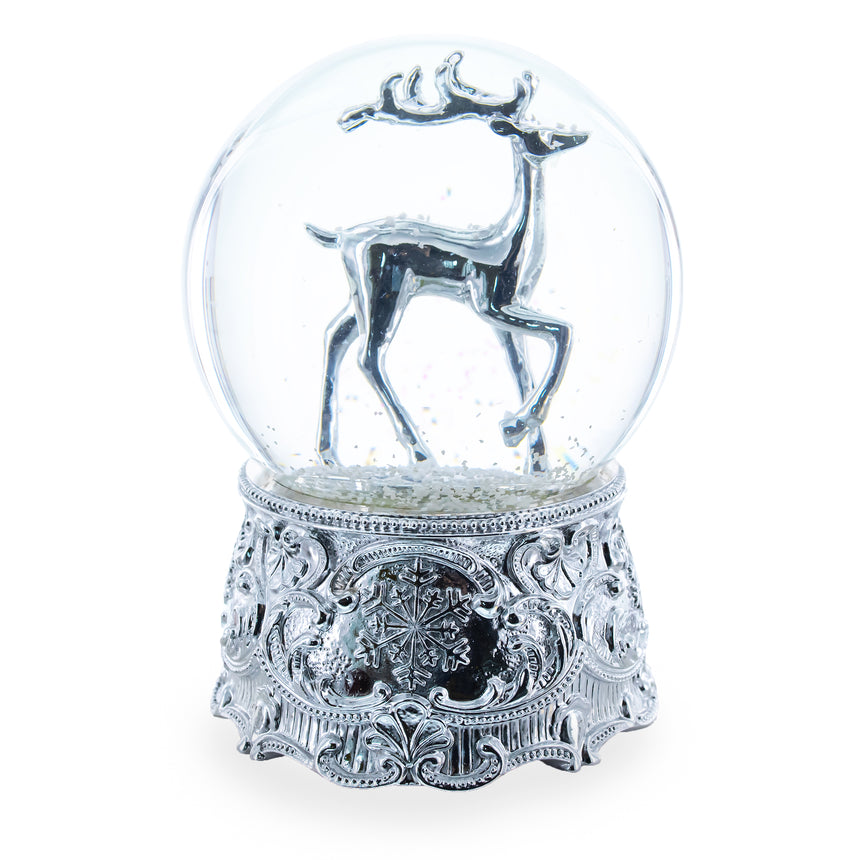 Resin Silver Reindeer Serenade Musical Christmas Water Snow Globe in White color