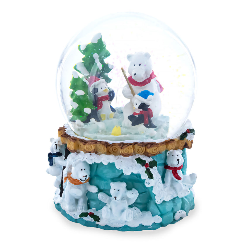 Resin Bear and Penguins Fishing Musical Christmas Water Snow Globe in Green color