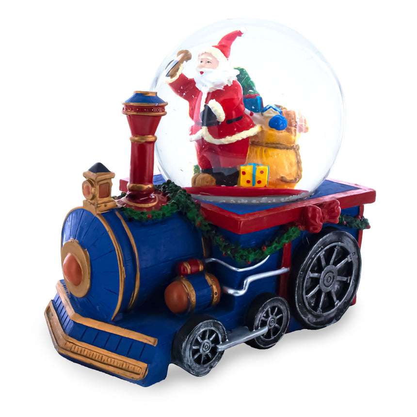 Resin Santa's Train of Gifts Musical Water Snow Globe in Blue color Round