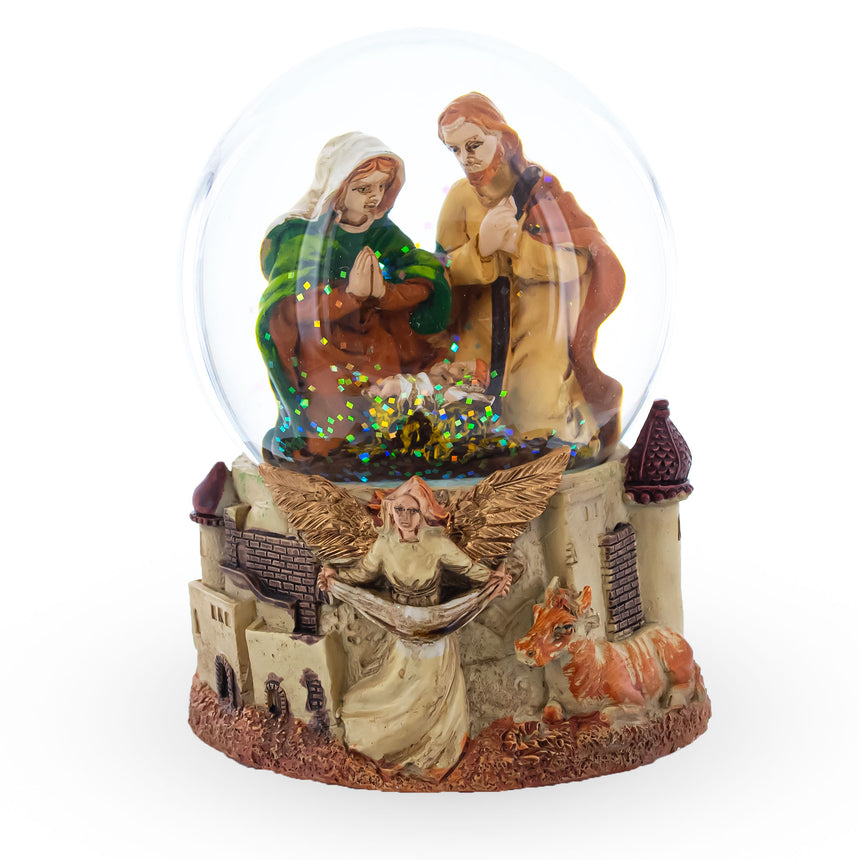 Resin Nativity Scene and Divine Guardian Angel Musical Water Snow Globe in Multi color Round