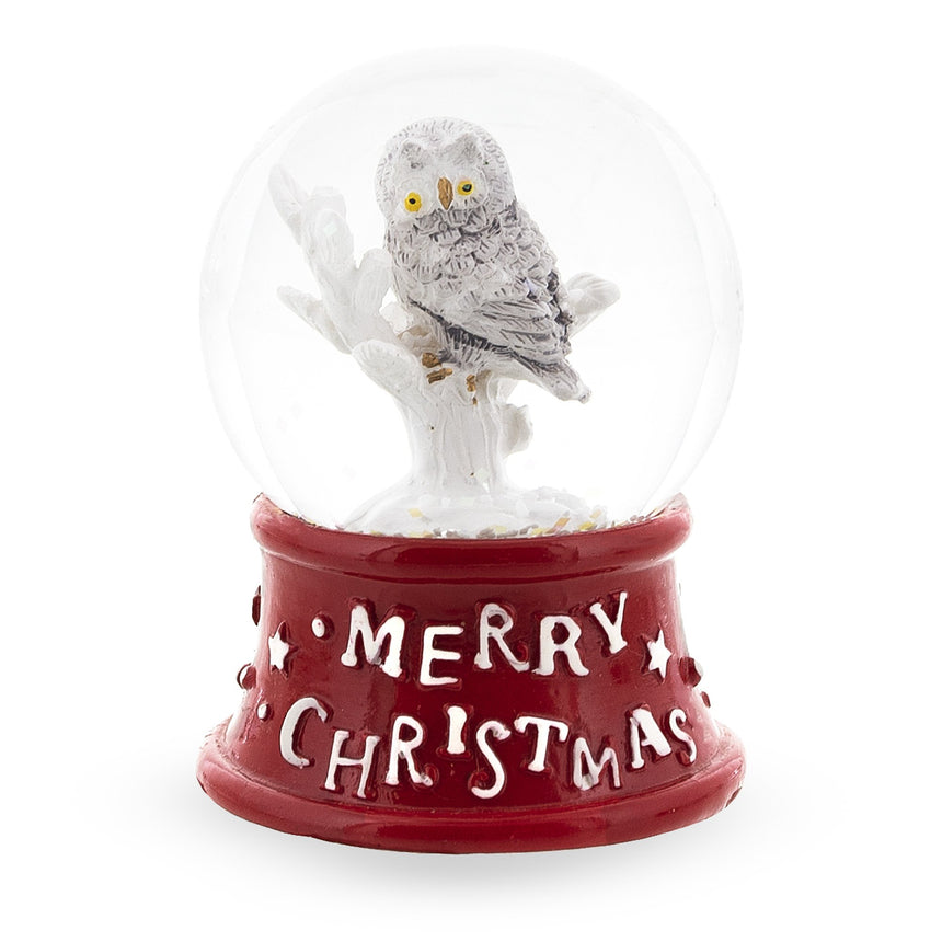 Glass White Owl Perched on Red Base Mini Water Snow Globe in Red color Round