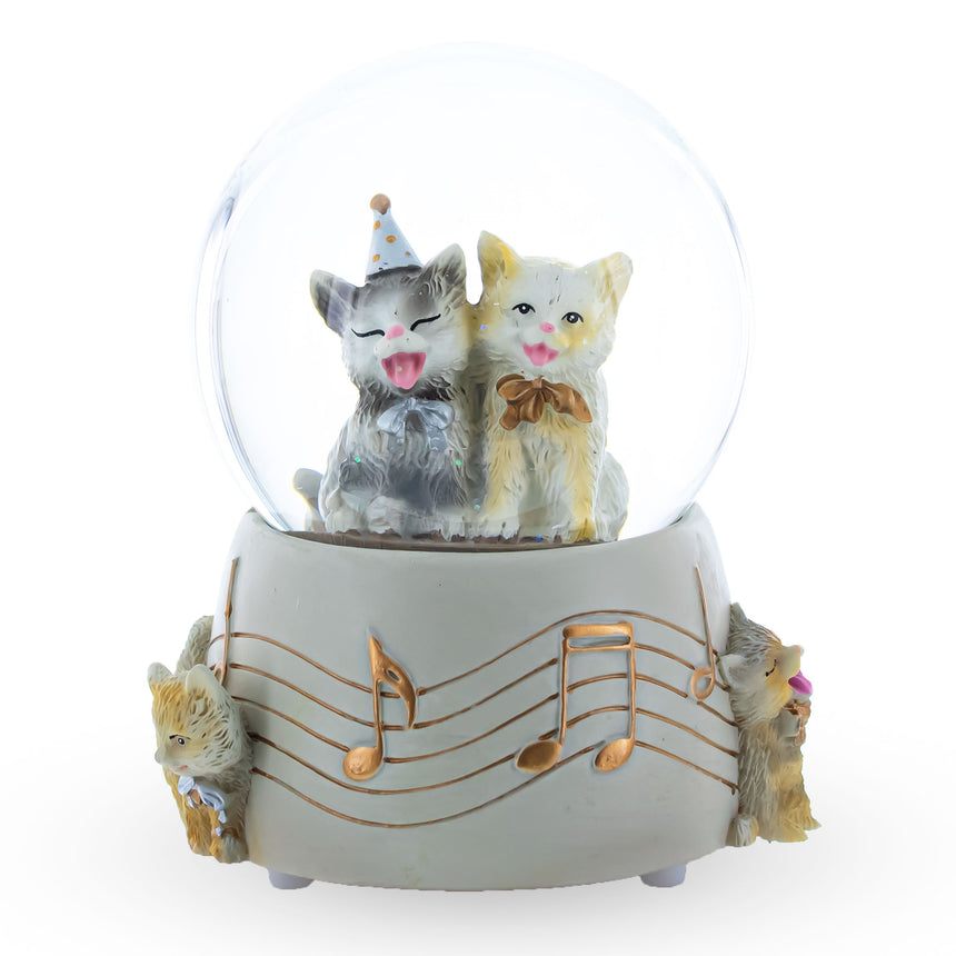 Glass Cats Party Musical Water Snow Globe in White color Round