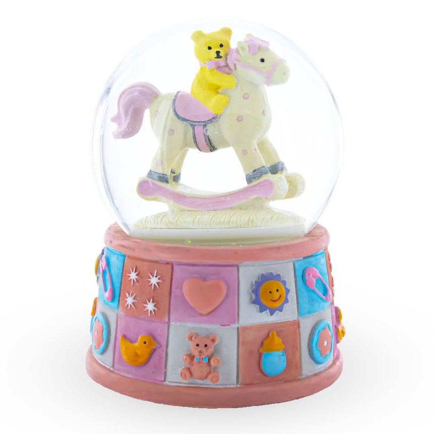 Glass Lullaby Teddy on Rocking Horse Musical Water Snow Globe in Multi color Round