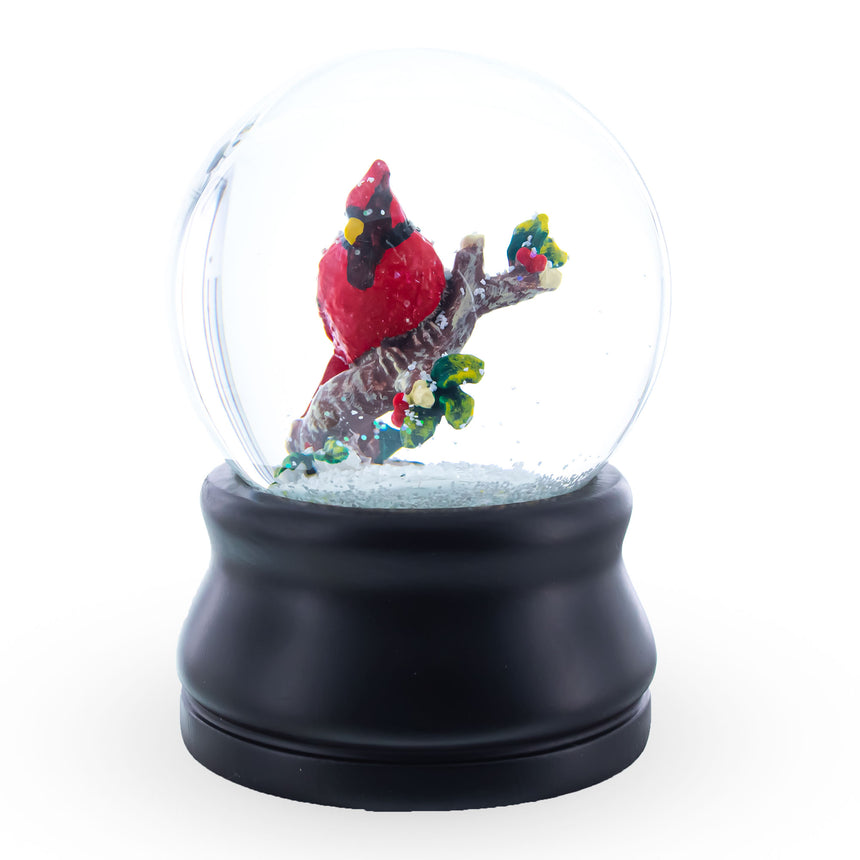 Glass Red Cardinal on a Branch Musical Water Snow Globe in Black color Round