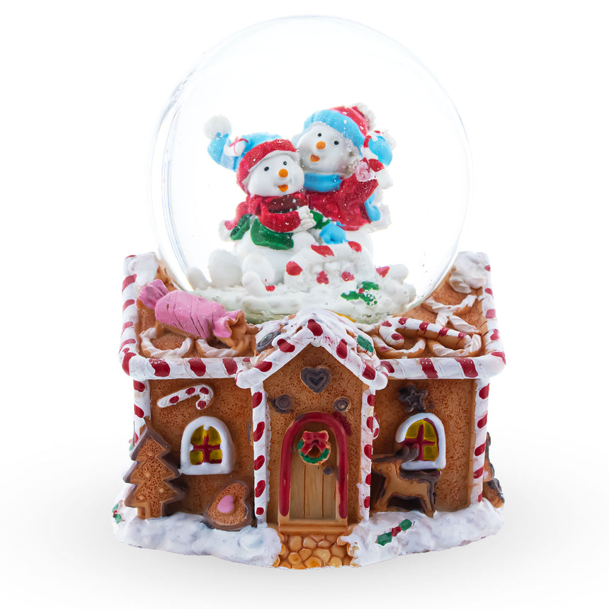 Glass Gingerbread Cottage Snowmen Romance Musical Water Snow Globe in Multi color Round