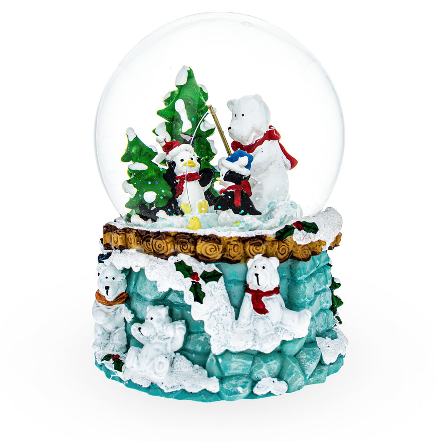 Resin Bear and Penguins Fishing Musical Christmas Water Snow Globe in Green color