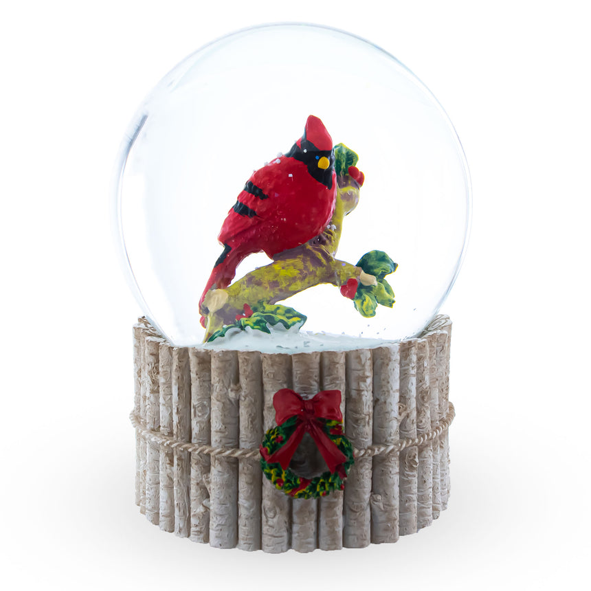 Resin Red Cardinal on Birch Tree and Wreath Musical Water Globe in Multi color