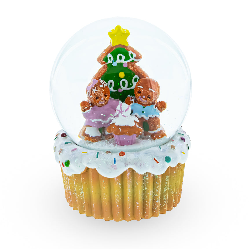 Resin Gingerbread Family and Cupcake Musical Christmas Water Globe in Multi color