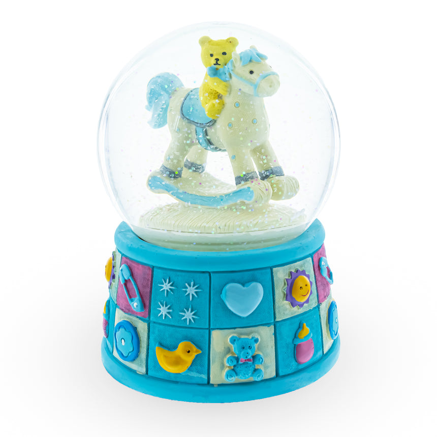 Glass Teddy Bear on Rocking Horse Baby Boy Musical Water Snow Globe in Blue color Round