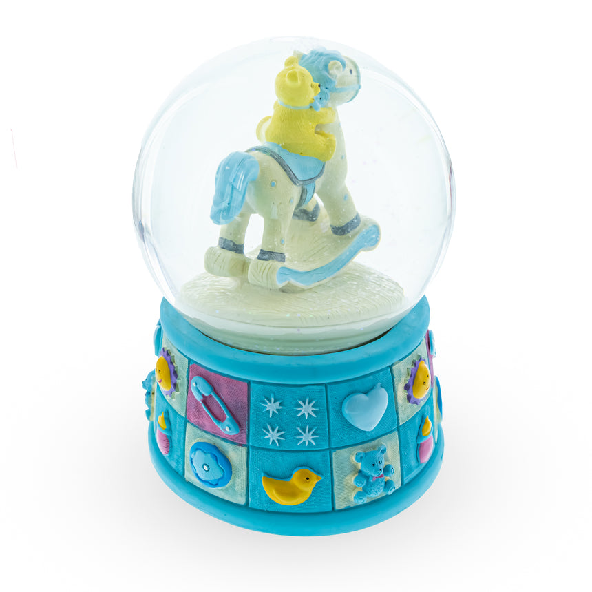 Teddy Bear on Rocking Horse Baby Boy Musical Water Snow Globe ,dimensions in inches: 5.72 x 4 x 4