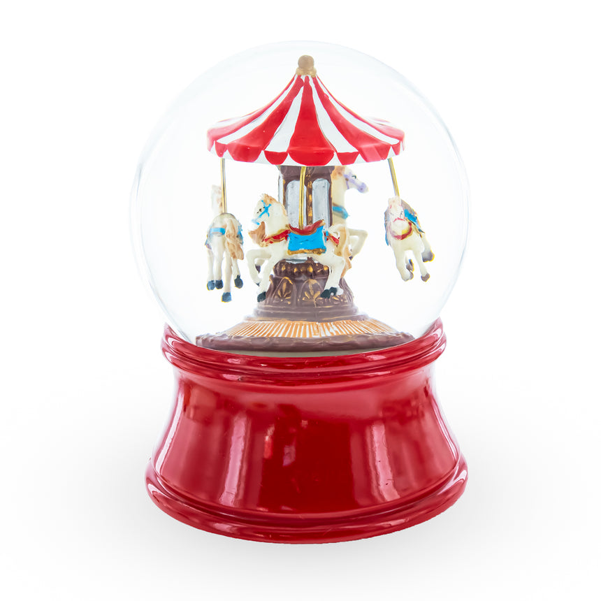 Resin Horses Carousel Melody Spinning Musical Water Globe in Red color Round