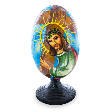 Wood Jesus Christ Carrying Cross Wooden Easter Egg Figurine 4.75 Inches in Multi color Oval