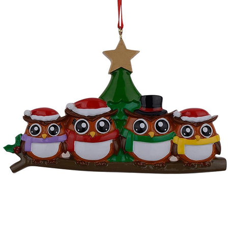 Resin Family of 4 Owls Hand Painted Resin Christmas Ornament in Multi color Rectangular