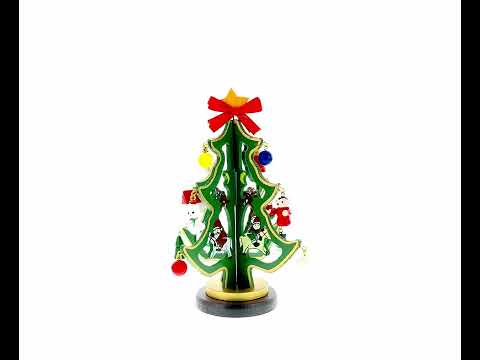 Delightful Wooden Tabletop Christmas Tree with Santa and Miniature Ornaments 6.5 Inches Tall