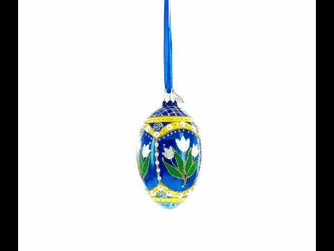 White Flowers and Pearls on Blue Glass Egg Ornament 4 Inches