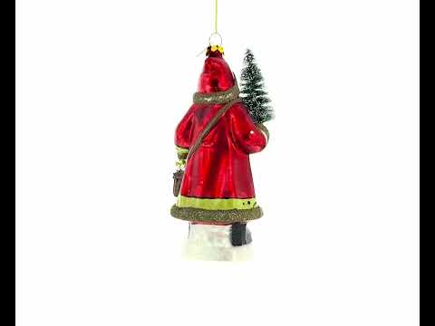 Santa with Fir Tree Blown Glass Christmas Ornament