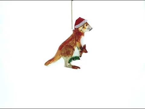 Santa Kangaroo Mom Carrying Baby in Pouch Blown Glass Christmas Ornament